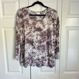 J.Jill Pure Jill Shirt Womens XL Purple Gray Tie Dye Floral Long Sleeve Tunic
